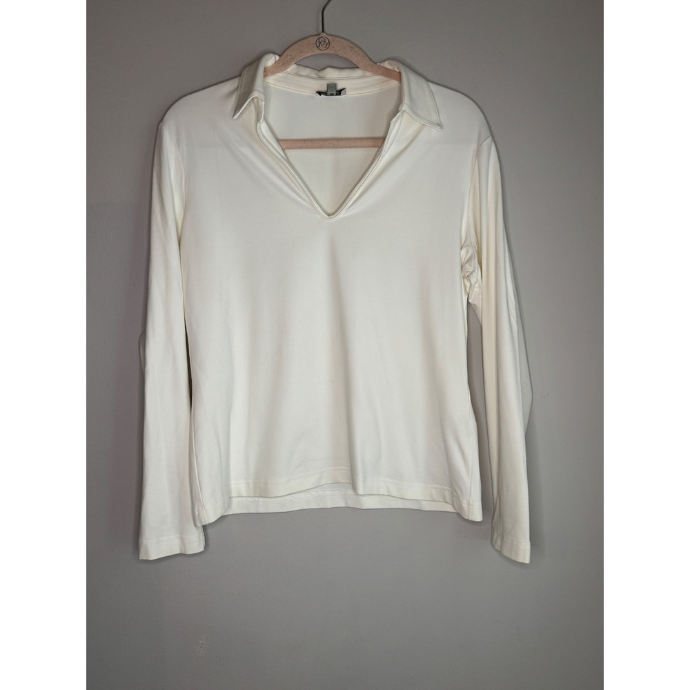 Worth New York Cream V-Neck Collared Long Sleeve Top Size M Made in USA